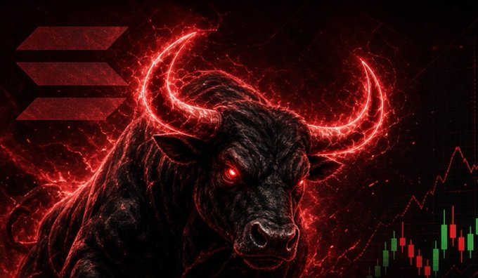 A dark, stylized digital illustration of a bull with glowing red horns and eyes, set against a black background with red lightning effects, a Solana logo in the upper left, and green/red trading candlesticks on the right.