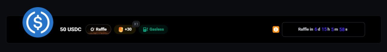 A crypto promotional banner offering a $50 USDC gasless raffle with a +30 bonus, a countdown timer showing 'Raffle in 6d 15h 5m 58s', and a USDC logo.