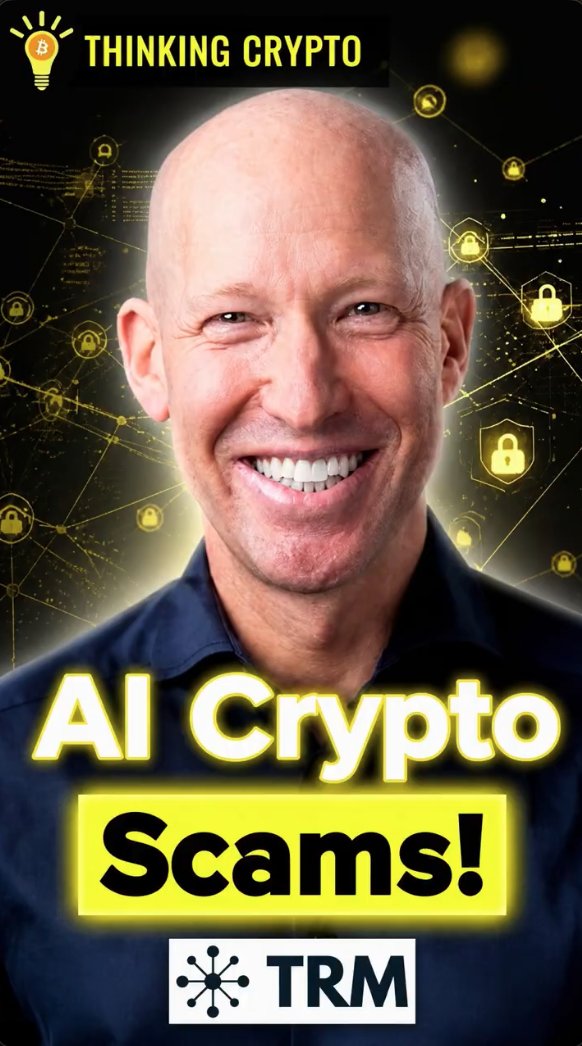 A thumbnail for "Thinking Crypto" featuring a smiling bald man in a dark shirt, with "AI Crypto Scams!" prominently displayed in bold yellow and black text, alongside the TRM Labs logo. The image promotes an interview with Ari Redbord of TRM Labs discussing AI-powered crypto scams and their threat to investors and the industry.