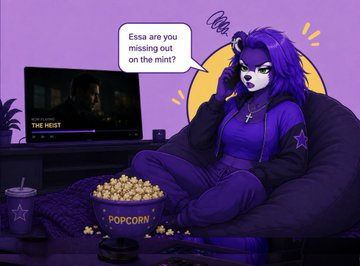 An illustration of a purple-haired anthropomorphic character sitting with popcorn watching 'THE MIST,' asking in a speech bubble, 'Essa are you missing out on the mint?'