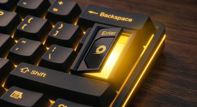 A close-up of a black mechanical keyboard with yellow backlighting, featuring a custom 'Enter' keycap with a distinctive logo.