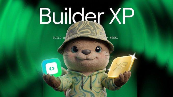 A promotional graphic titled 'Builder XP' featuring a cute otter character in a camouflage hat and hoodie, holding a glowing 'XP' coin and a green app icon, with text 'BUILD ON... EVERY WEEK' against a green background.
