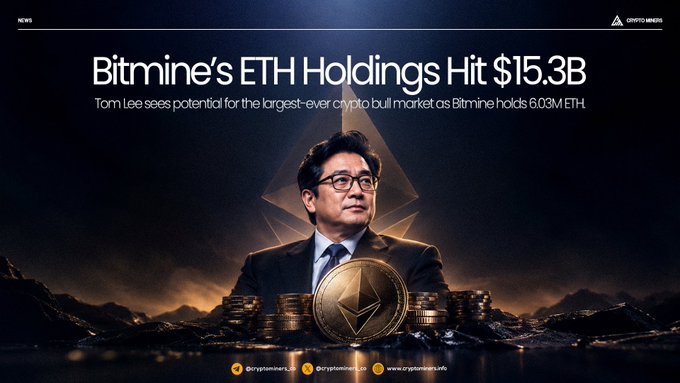A news-style banner with a portrait of Tom Lee in a suit, headlined 'Bitmine's ETH Holdings Hit $15.3B' with the subtext 'Tom Lee sees potential for the largest-ever crypto bull market as Bitmine holds 6.03M ETH.', alongside stacked gold coins and an Ethereum logo.