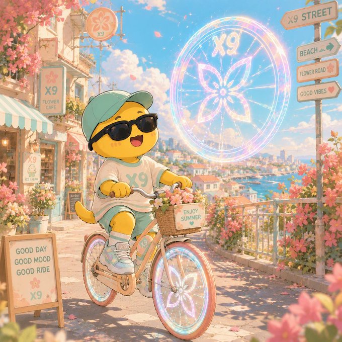 A cheerful yellow mascot wearing a cap and sunglasses rides a bike down a pastel flower-lined street, with a glowing X9 emblem floating in the sky and signs pointing to "Beach," "Flower Road," and "Good Vibes," alongside text like "Enjoy Summer," "X9 Flower Cafe," and "Good Day Good Mood Good Ride." 

The post's reference to **X9** in the image and @quipnetwork in the caption both point to the same brand/network, tying the playful, forward-looking "summer vibes" aesthetic to the idea of building secure, proactive infrastructure (like quantum-resistant wallet wrapping) before threats materialize.