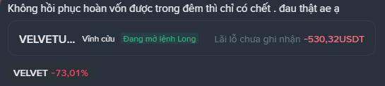 A trading interface showing a comment in Vietnamese about VELVETU asset, noting a "Vĩnh cửu" Long order that lost -530.32 USDT, with the asset down -73.01%.