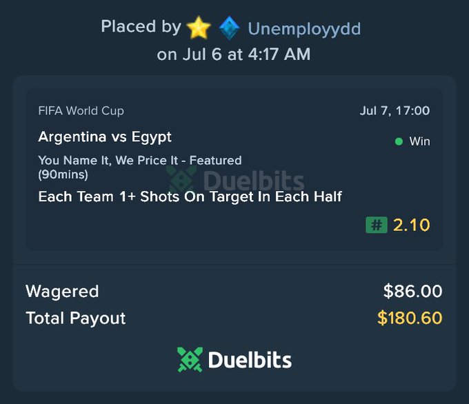 A screenshot of a winning sports bet on Duelbits, showing a $86 wager on "Argentina vs Egypt" (Each Team 1+ Shots On Target In Each Half) at 2.10 odds that returned a $180.60 payout. The bet was placed by user Unemployydd on July 6 at 4:17 AM, complementing the celebratory "Another W" caption.