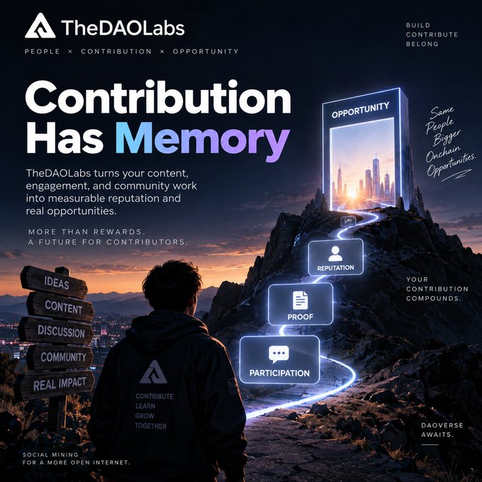 A promotional graphic for 'TheDAOLabs' with the tagline 'PEOPLE x CONTRIBUTION x OPPORTUNITY' and the headline 'Contribution Has Memory', depicting a person looking toward a glowing 'OPPORTUNITY' doorway.