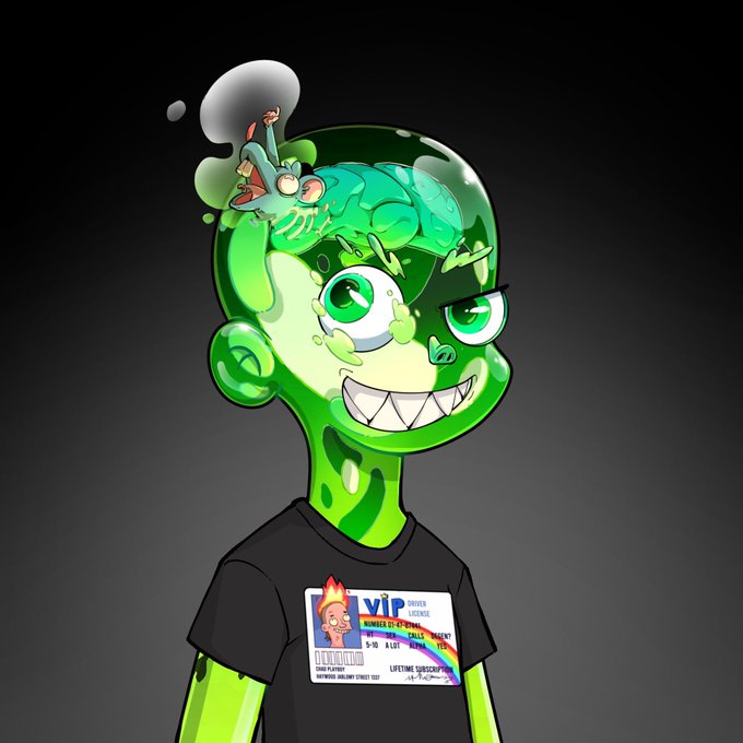 A digital illustration depicts a green alien-like character with a wide grin, with his brain exposed and a smaller cartoon figure sitting on top, wearing a 'VIP' shirt.