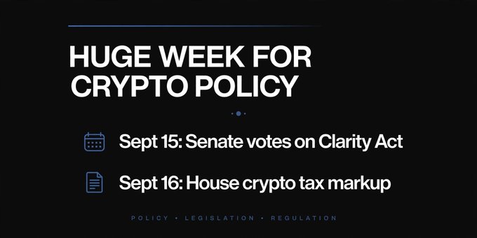 Announcement graphic titled 'HUGE WEEK FOR CRYPTO POLICY' highlighting 'Sept 15: Senate votes on Clarity Act' and 'Sept 16: House crypto tax markup', tagged with 'POLICY · LEGISLATION · REGULATION'.