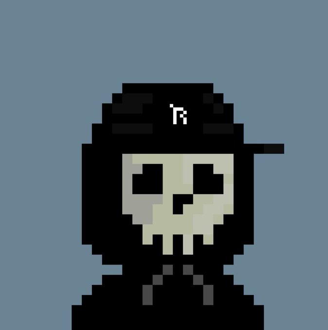 A pixel art image of a skull wearing a black cap, with white pixelated text resembling a cryptocurrency ticker symbol on the cap, set against a blue-gray background.