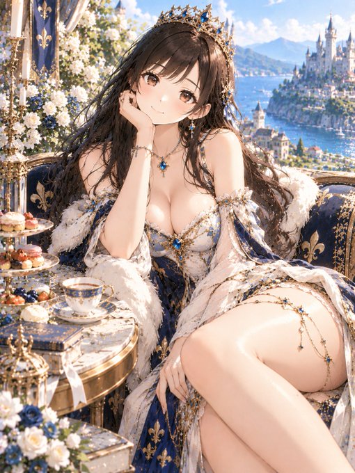 An anime-style illustration depicts a princess with long dark hair, a tiara, and a blue and white gown seated beside a table laden with pastries, with a fantasy castle visible in the background.
