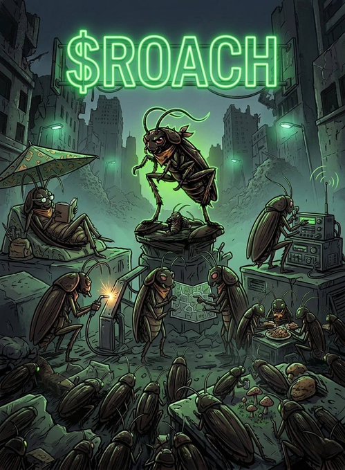 The image features a cartoon illustration of a group of cockroaches gathered around an object, possibly a computer or a piece of machinery. The cockroaches are depicted in various sizes and positions, with some standing closer to the object while others are further away. The background is dark and filled with buildings, giving the scene a sense of urban decay. The caption below the image reads "While they fold, the swarm holds and multiplies #ROACH #Solana #Memecoin #Pumpfun #RoachHorde #CockroachCreed". This suggests that the illustration is related to the concept of cockroaches being attracted to decaying or malfunctioning objects.