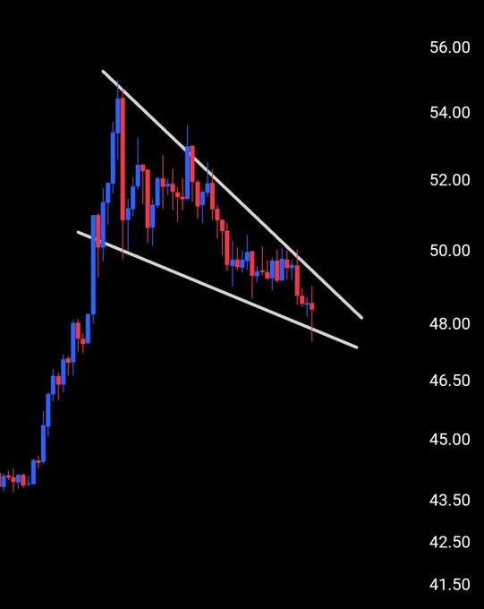 A candlestick chart showing a price decline from approximately $55 to $48, with two white trendlines forming a falling wedge pattern that supports the claim of a bullish continuation setup.
