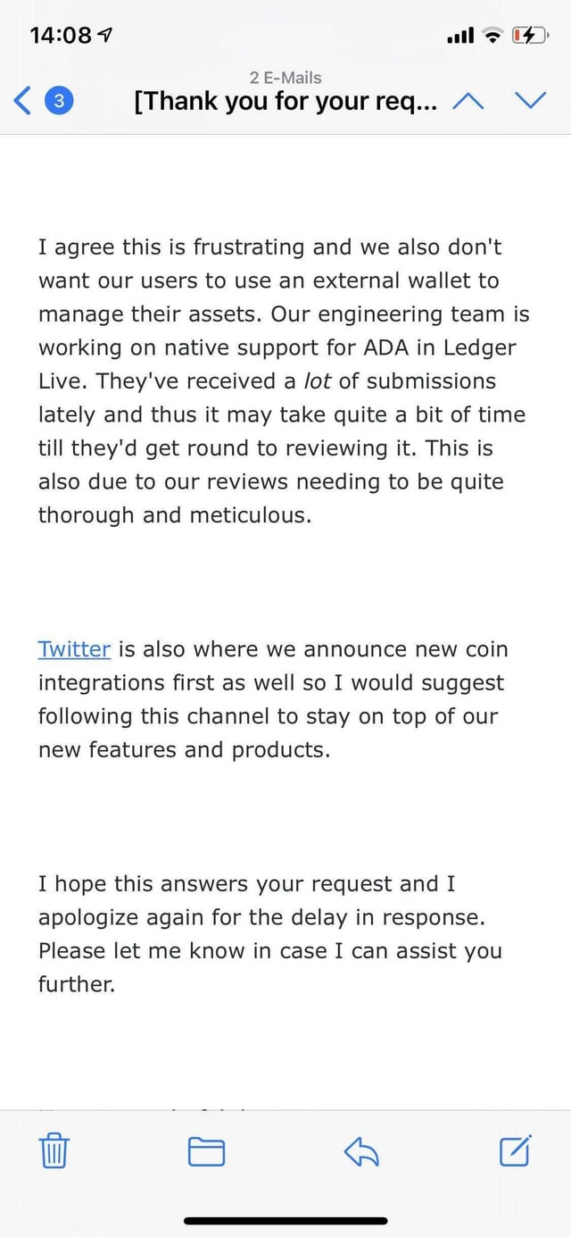 A screenshot of an iPhone email reply discussing Ledger Live's lack of native ADA (Cardano) support, mentioning the engineering team is working on it but reviewing many submissions, and suggesting to follow their Twitter for new coin integration announcements.