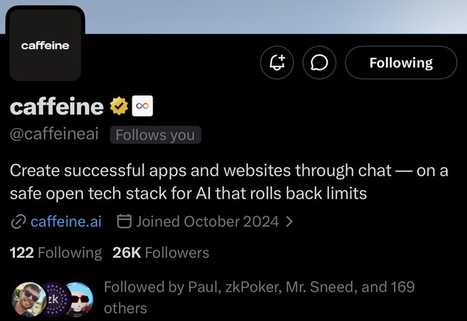 A Twitter/X profile page for Caffeine (@caffeineai), a verified account with 26K followers that joined in October 2024, promoting its open tech stack for building apps and websites via chat. The profile relates to the post celebrating Caffeine's 1-year anniversary on the ICP (Internet Computer) blockchain, aligning with the October 2024 join date.