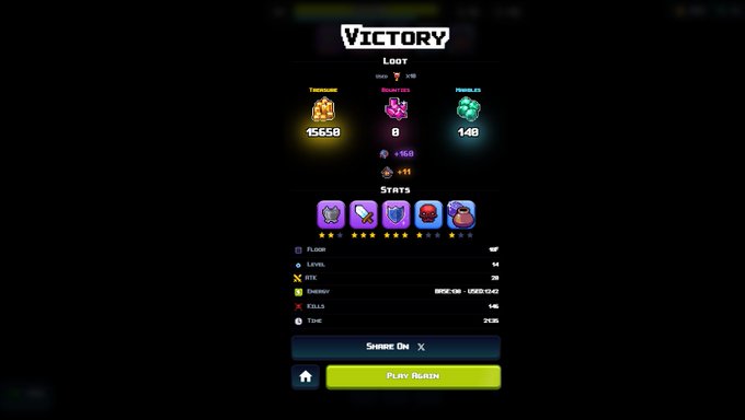 A "Victory" screen displays the loot and stats from completing a level, including 15560 gold, 8 tokens, and 140 emeralds, along with a stats summary showing Floor 2, Level 14, and 141 kills in 21:35 minutes, reflecting the player's achievement of defeating the final boss and completing all levels in MoG2.0 as mentioned in the post.