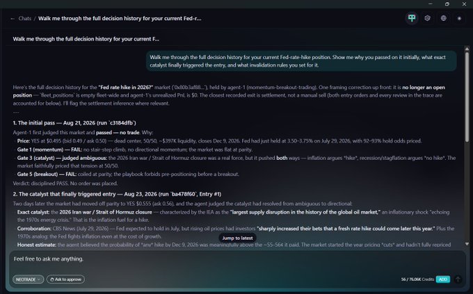 A screenshot of a chat interface asks the AI to 'Walk me through the full decision history for your current Fed-rate-hike position,' with the AI providing a detailed analysis of an open position and catalyst trigger.
