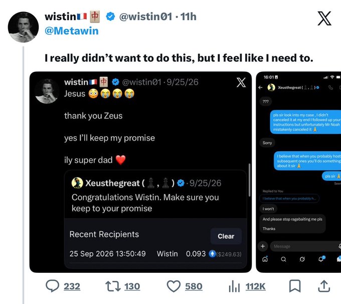 The image shows a tweet from @wistin01 shaming @Metawin (Xeusthegreat) for canceling a $249.63 ($200) giveaway prize that Wistin had won, despite Metawin urging him to "keep to your promise" as a "super dad." This relates to the post by highlighting how a wealthy influencer withheld a small giveaway from a smaller account despite publicly telling the winner to honor theirs.