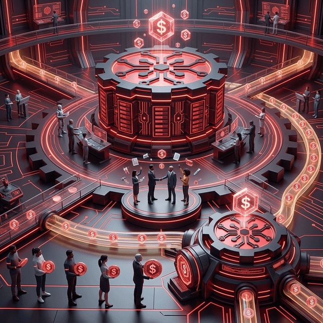 A futuristic digital artwork featuring a central gear mechanism with dollar signs, business people, and red neon circuitry, symbolizing finance or cryptocurrency operations.