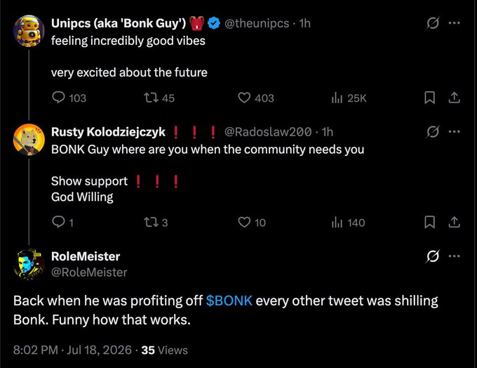 This image shows a Twitter thread where users discuss "$BONK" and its community. The post from "Unipcs (aka 'Bonk Guy')" expresses optimism, while "Rusty Kolodziejczyk" calls for support, and "RoleMeister" criticizes perceived past actions.