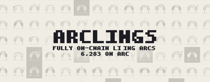 A grid of pixelated arch designs serves as the backdrop for bold text reading "ARCLINGS," "FULLY ON-CHAIN LIVING ARCS," and "6.283 ON ARC," promoting the @ArclingsNFT collection in connection with a giveaway hosted by @onyx__Fury for 5 GTD spots.