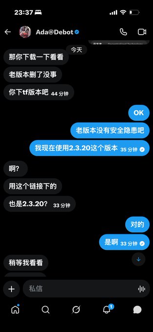 A screenshot of a Chinese-language DM conversation on Instagram/Twitter with user Ada@Debot, discussing downloading an older app version (2.3.20) due to security concerns with the newer version.