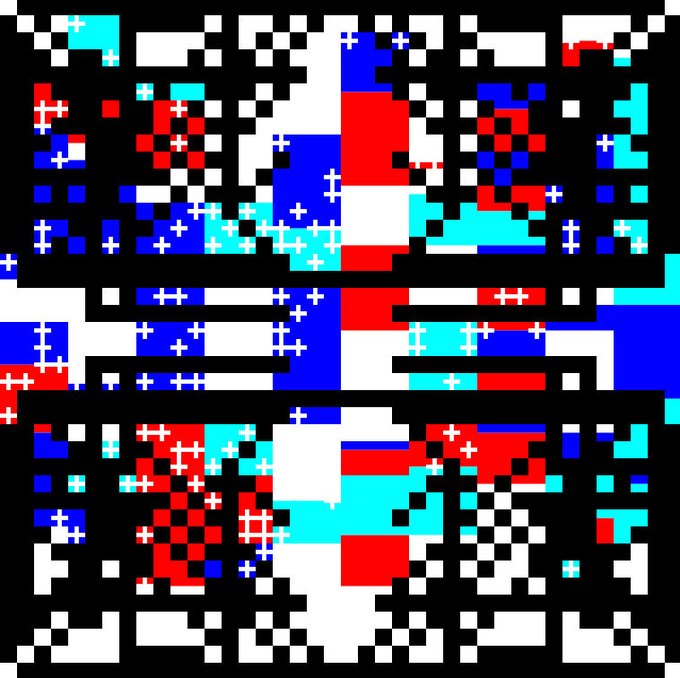An abstract pixelated artwork composed of red, blue, cyan, white, and black blocks forms a complex geometric pattern.
