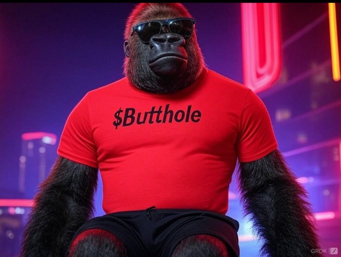 A gorilla wearing sunglasses and a red t-shirt with the text '$Butthole' sits against a neon-lit background, with 'GROK' visible in the corner.