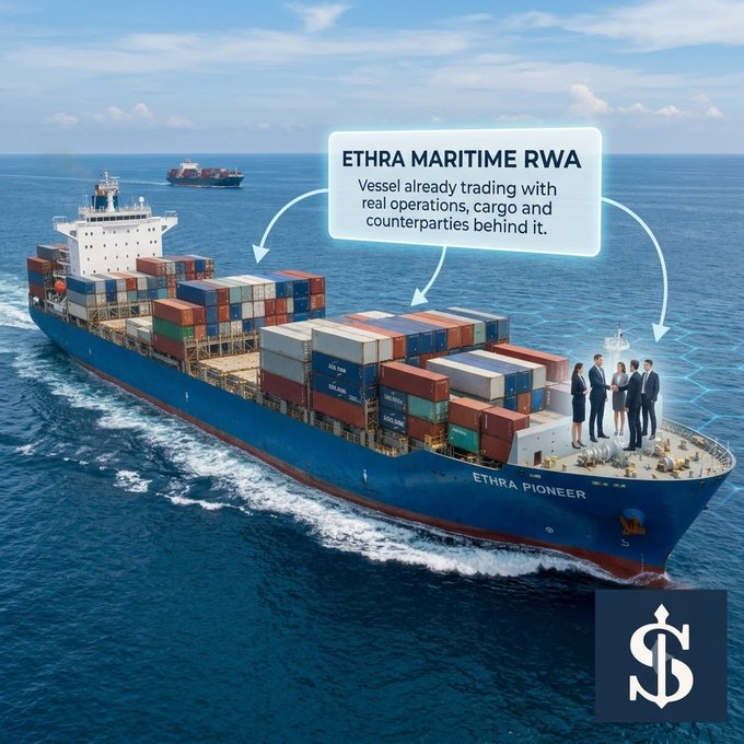 An aerial view of a cargo ship "ETHRA PIONEER" at sea, with overlaid text reading "ETHRA MARITIME RWA: Vessel already trading with real operations, cargo and counterparties behind it," featuring small figures of business people on the deck and a dollar sign logo.