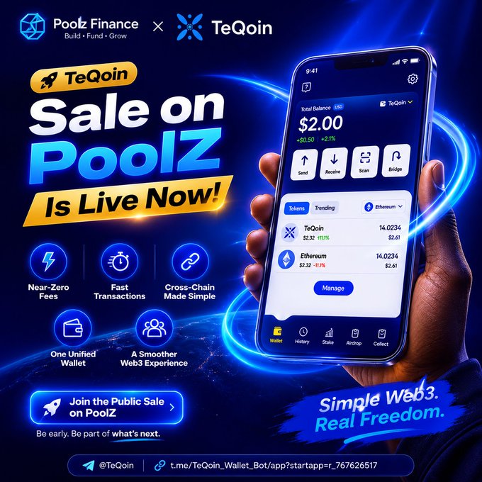A promotional graphic for 'TeQoin' advertises a 'Sale on PoolZ Is Live Now!', showing a mobile wallet app interface with a $2.00 balance and features like 'Near-Zero Fees' and 'Fast Transactions'.