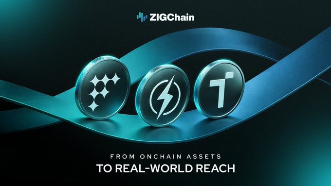 The image features a poster with three coins stacked vertically against each other. The text on the poster reads "From Onchain Assets To Real-World Reach", which suggests that the coins are meant for use in real-world transactions, rather than as digital tokens or virtual currency.