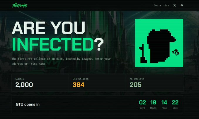 A website screenshot for 'ZOREPUNKS' asks 'ARE YOU INFECTED?' promoting the first NFT collection on RISE backed by Stage8, with stats showing Supply 2,000, GTD wallets 384, and WL wallets 205.