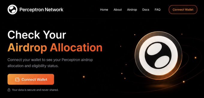 The image shows the official Perceptron Network website homepage, featuring a "Check Your Airdrop Allocation" landing page with a prominent orange "Connect Wallet" button. The site's branding and $PERC token reference align with the post's announcement about the Perceptron Network ($PERC) airdrop checker and upcoming TGE details.
