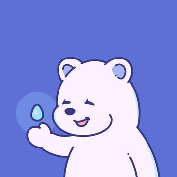A cheerful cartoon polar bear smiles and gives a thumbs up on a purple background, with a small blue droplet floating nearby—serving as a congratulatory graphic to celebrate @xdropchan's dedication and completion of a 4-year NFT collection effort.