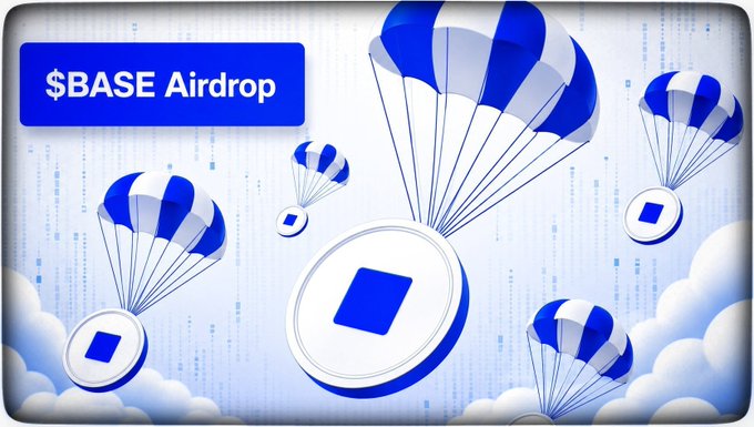 Digital illustration promoting a '$BASE Airdrop' with blue and white parachutes carrying coin tokens against a cloud background.