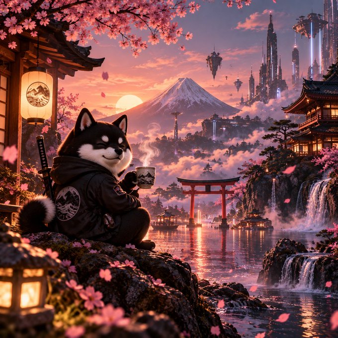 A Shiba Inu dog dressed as a ninja samurai sits drinking tea from a cup, overlooking a scenic landscape featuring Mount Fuji, floating islands, a torii gate, waterfalls, and cherry blossoms at sunset.