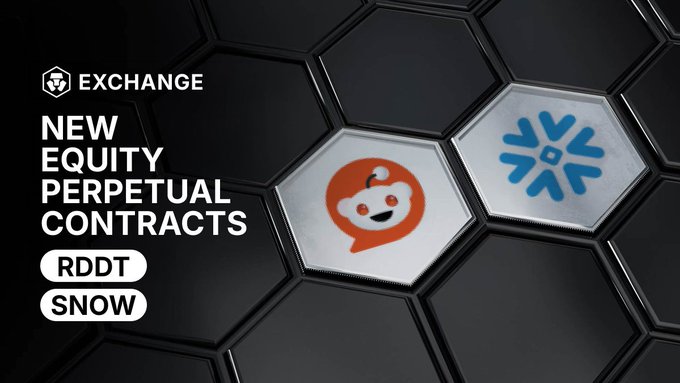 A promotional banner for Crypto.com Exchange announces "NEW EQUITY PERPETUAL CONTRACTS" with featured tickers RDDT (Reddit) and SNOW (Snowflake) displayed alongside their respective company logos on a hexagonal background.

Note: The image showcases RDDT and SNOW equity perpetuals, which differ from the tickers (URNM, CIEN, CRDO, CRM, DKNG, GEV, LRCX) listed in the accompanying post text.
