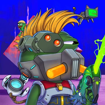 A vibrant cartoon frog character with spiky orange hair and a futuristic green backpack dominates the scene, accompanied by a small zombie-like figure, a floating TV-headed creature, and a blue spiky monster amid green energy tendrils. The colorful, animated aesthetic complements the post's hype around a Pepe Explorers and TrustUs NFT airdrop snapshot, with the frog imagery tying into the meme-themed NFT branding.