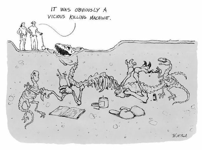 Two paleontologists stand above an excavation site, with one declaring "IT WAS OBVIOUSLY A VICIOUS KILLING MACHINE," while below several reconstructed dinosaur skeletons are gathered around a coffee pot, mugs, and an open book—satirizing how fossilized remains can be creatively interpreted to fit dramatic narratives, much like how dinosaur fossils are framed as valuable cultural asset investments.