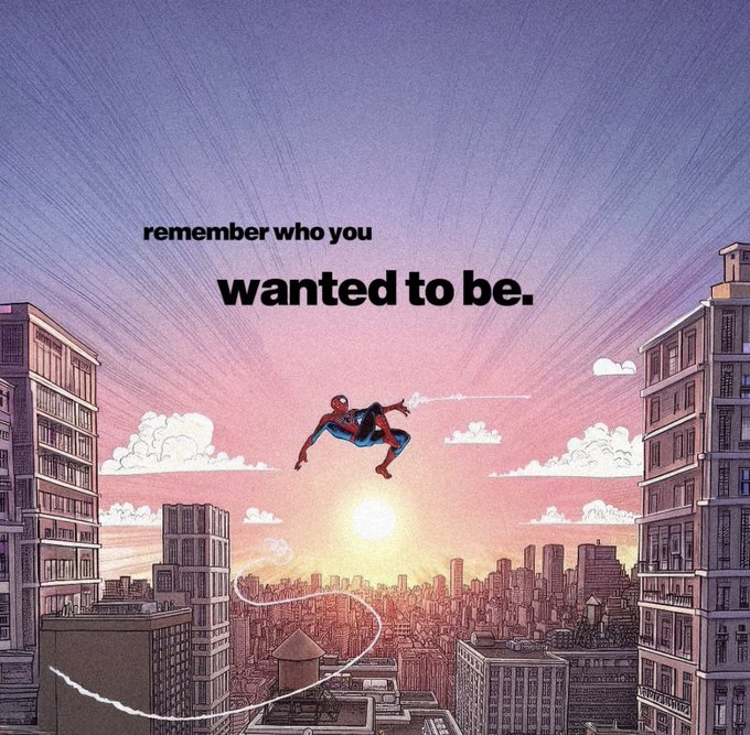 Spider-Man swings above a sunset-lit cityscape with the motivational text "remember who you wanted to be." — a fitting visual reminder for the crypto community to stay focused on long-term conviction despite recent market setbacks and missed opportunities.

*Note: The post appears to be "CT" (crypto Twitter) slang, not "CT scan" or any medical imaging term.*
