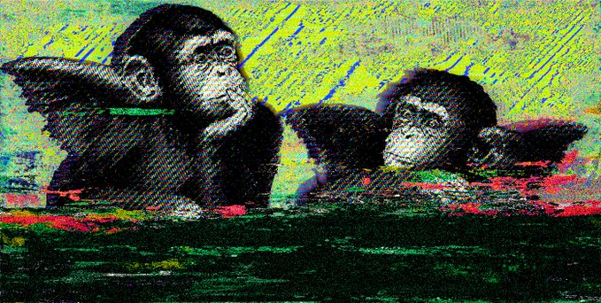 A heavily distorted, colorful glitch-art image features two chimpanzees sitting at a table, one of which appears to be smoking.