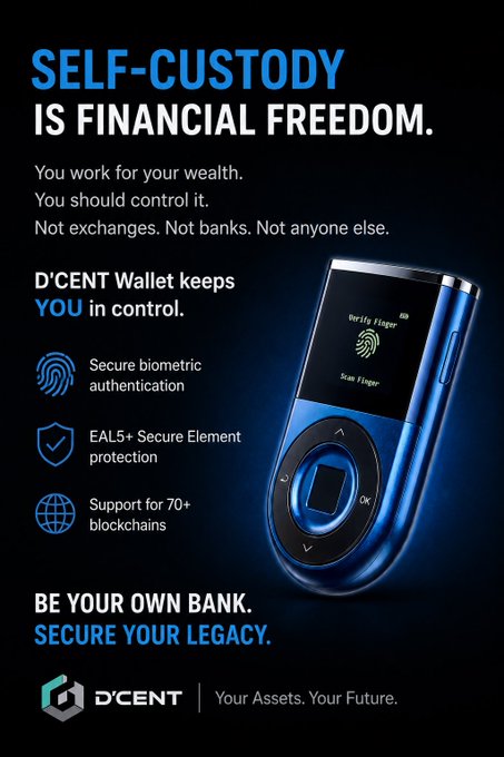 A promotional image for the D'Cent Wallet featuring a blue metallic hardware wallet device, with text emphasizing "SELF-CUSTODY IS FINANCIAL FREEDOM" and highlighting features like biometric authentication, EAL5+ Secure Element protection, and support for 70+ blockchains. The ad reinforces the accompanying post's message about wealth preservation by positioning the device as a tool for securing one's own assets outside of exchanges and banks.
