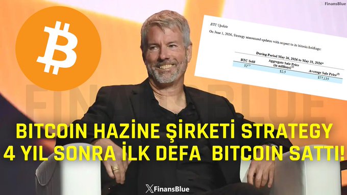 The image shows a man sitting in a chair with his legs crossed, smiling while seated behind a computer desk. In front of him there's an envelope containing Bitcoins that he has just sold for the first time in four years. The text on the envelope states "bitcoin", "safe asset strategy", and "bitcoins in 4".