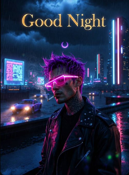 A stylized digital artwork of a man with purple hair and neon pink glasses smoking a cigarette, with the text "Good Night" displayed at the top of a cyberpunk cityscape.