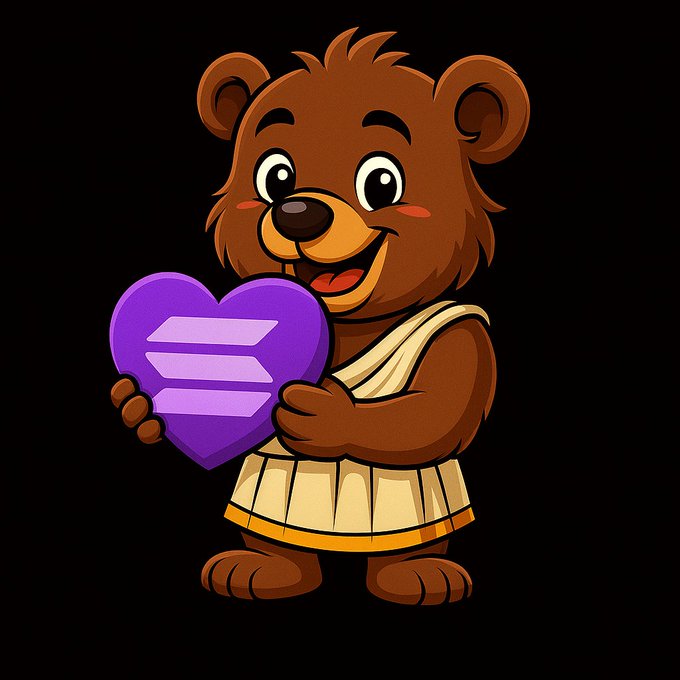 A cartoon illustration of a smiling brown bear wearing a toga and holding a purple heart-shaped shield with three horizontal stripes.