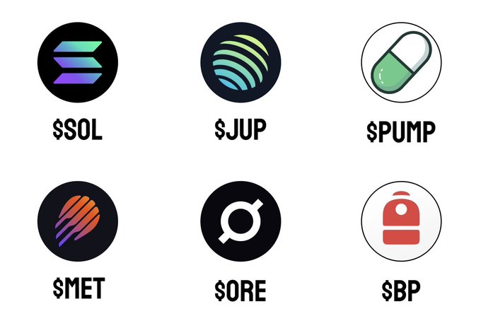 Six cryptocurrency icons are displayed with tickers: $SOL, $JUP, $PUMP, $MET, $ORE, and $BP.