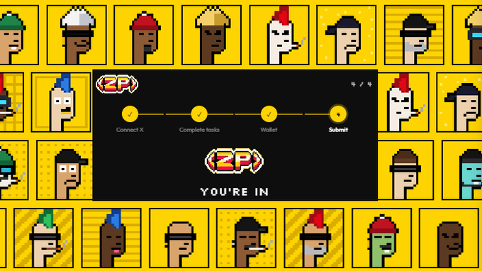 A retro pixel-art NFT project called 'IZP' displaying a 'YOU'RE IN' message with a progress checklist (Connect X, Complete tasks, Wallet, Submit) over a yellow grid of character avatars.