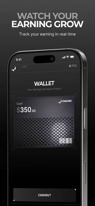 An advertisement for a cryptocurrency or financial app showing a smartphone interface with the headline 'WATCH YOUR EARNINGS GROW,' displaying a 'WALLET' with 'Cash $350.93' and a 'CASHOUT' button.