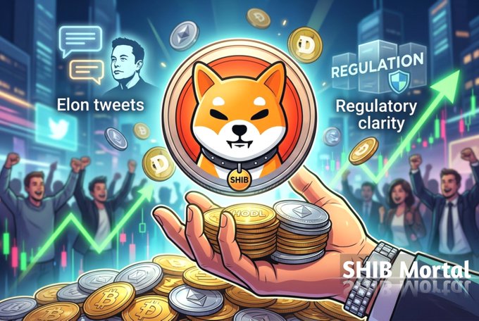 The image depicts a vibrant crypto scene with a Shiba Inu coin (labeled "SHIB") at the center, surrounded by floating Dogecoin coins, a hand holding stacks of crypto, and visual cues like "Elon tweets" and "Regulation/Regulatory clarity" alongside cheering crowds and upward charts. It illustrates the post's thesis that Elon Musk's endorsements combined with regulatory clarity could drive meme coins like $DOGE and $SHIB to make investors wealthy, with the bold "SHIB Mortal" tagline reinforcing the dramatic wealth-gain narrative.