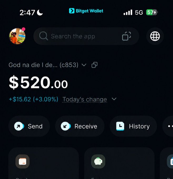 A Bitget Wallet screenshot displays a portfolio balance of $520.00, showing today's change of +$15.62 (+3.09%), with the wallet titled "God na die I de... (c853)". The image serves as visual "proof" for a social media post claiming to have turned $5 into $500 in minutes, though the screenshot only shows the final $520 balance without evidence of the starting amount or transaction history.